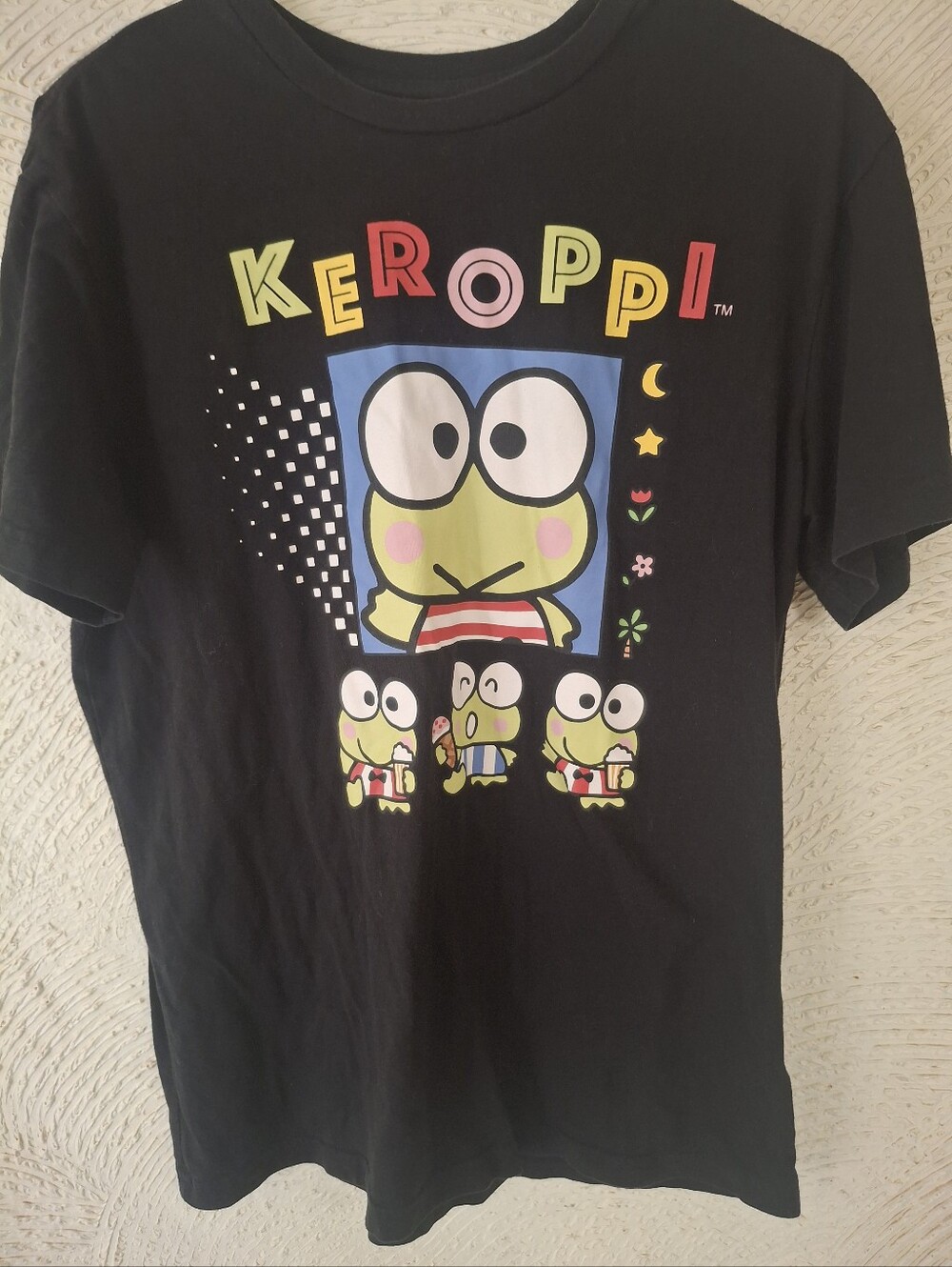 Sanrio Keroppi Black Tee with Multicolor Frog Graphic